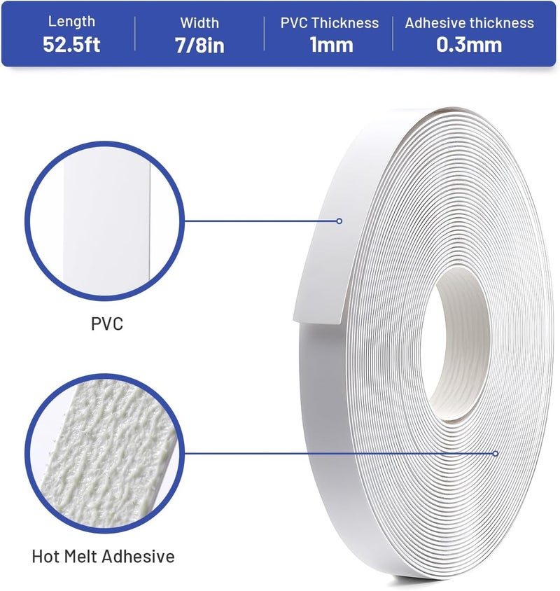 FAKILO PVC Edge Banding 7/8 inch x 50ft Veneer Edge Banding White with Hot Melt Adhesive Pre - glued Iron on Edging Tape Trim for Cabinet Plywood Repairs and Furniture Restoration - Image 2